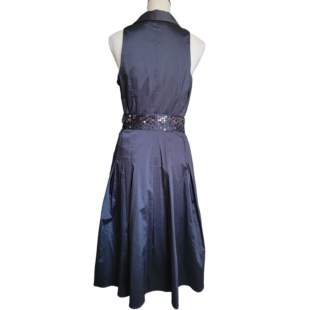 Anne Klein Black Belted Beaded Sleeveless Pleated V-Neck A-Line Midi Dress Sze 8 - Picture 4 of 10